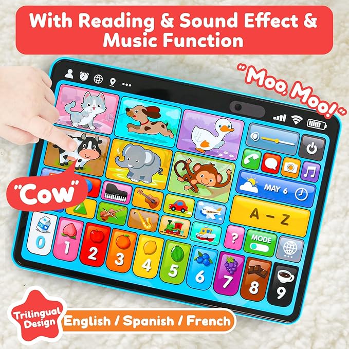 Trilingual Learning Toy Tablet with Music & Sound, Montessori Speech Musical Therapy Toys, Gifts for Boy, Girl, Baby, Toddler, for Age 1, 2, 3 Year Old (12-18 Months)