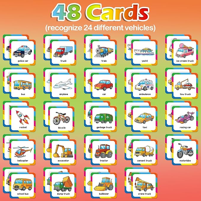 Aizweb Match Game,Memory Game, Vehicle 48 Pcs Toddler Card Games for Kids Ages 3 4 5 6,Flash Cards for Preschool Kindergarten Learning Activities,Educational Toys Homechool Supplies