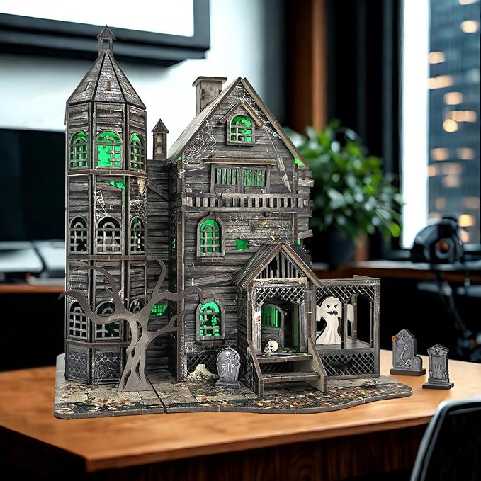 3D Wooden Puzzle Haunted House Model Set - Miniature Haunted House Kits with Led Accessories Furniture, Suitable for Adults and Teenagers to DIY Halloween Horror Doll House Craft Gifts.