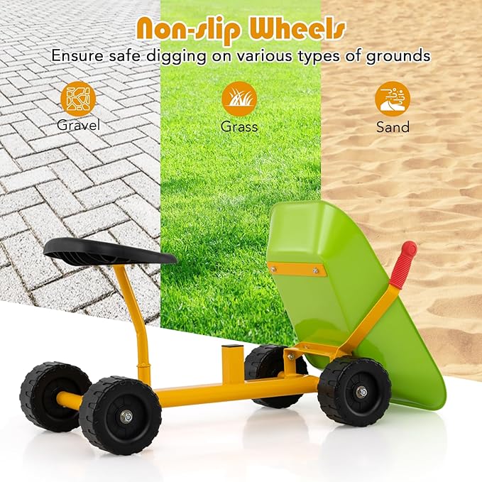 Costzon Kids Ride-on Sand Dumper, Children Outdoor Sandbox Toy w/Ergonomic Handle & 4 Wheels, Heavy Duty Steel Digging Metal Garden Play Tool for Boys Girls, Kids Wheelbarrow (Light Green)