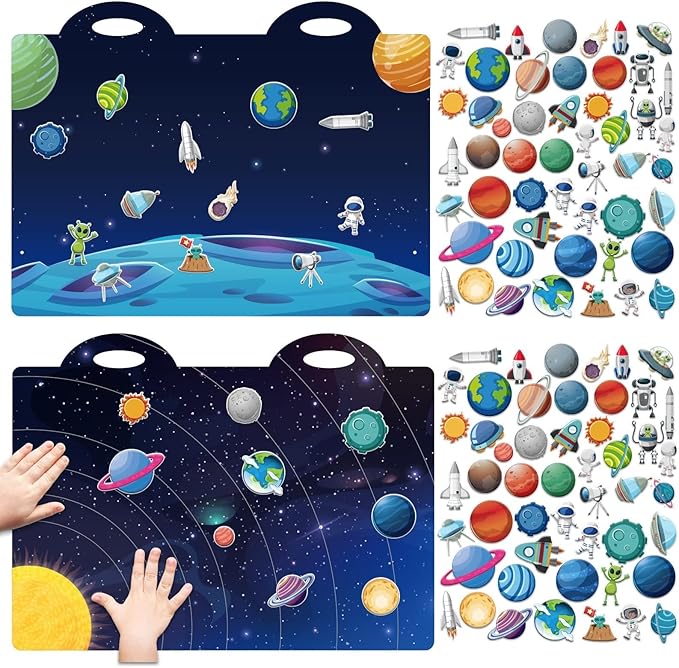 3D Outer Space Puffy Sticker Play Set Kids 2-4 Toys Gifts Sticker Book Galaxy Window Clings Decals for Toddlers Home Airplane Solar Systerm Party Supplies Decorations 100 Reusable Puffy Stickers
