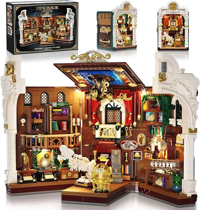 Dinosaur Museum Book Nook Building Set with Lights, DIY Booknook Building Block Toy for Bookshelf Home Decor, 1500 PCS Miniature House Model Building Brick Kit for Adults Teens Boys Girls 12+