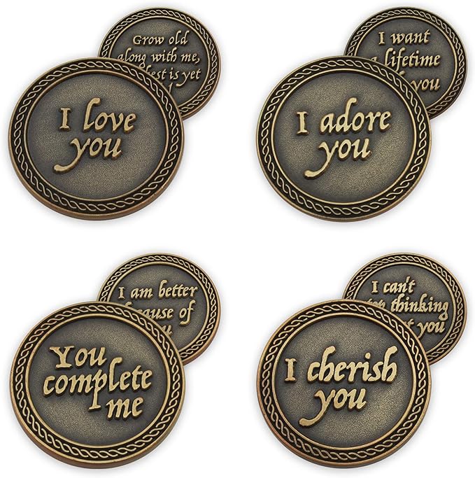 Romantic Love Expression Antique Gold Plated Coins for Date Night, Pack of All 12 Valentine Coins for Significant Other, Love Gift for Men and Women, from Him or Her