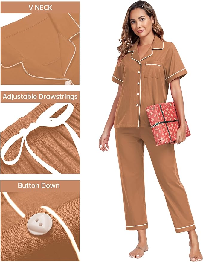 CF Womens 100% Cotton Pajamas Set Button Down Pjs Sets Short Sleeve Top & Long Pants Sleepwear Comfy Loungewear with Pockets