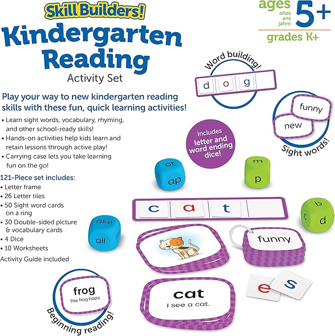 Learning Resources Skill Builders! Kindergarten Reading Activity Set -Learning Essential Materials, Reading Activities for Kids, Homeschool Supplies,Back to School, Ages 5+,122 Pieces