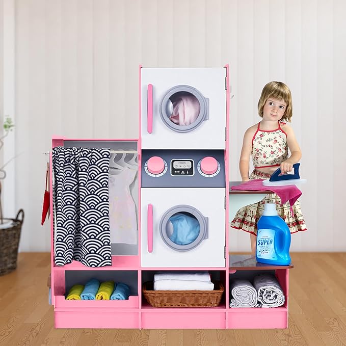 Lil’ Jumbl Kids Washer and Dryer Playset, Wooden Children's Pretend Laundry Set, Includes Broom, Dustpan, Iron, Hangers & Basket, Realistic Laundry Room for Kids - Pink