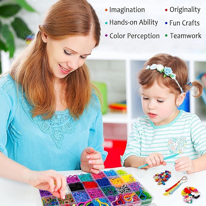 INSCRAFT Rubber Band Refill Kit, Over 11000 Rubber Bands, 28 Colors with Container, 600 Clips, 200 Beads, 52 ABC Beads, Premium Bracelet Making Refill Kit for Girls Kids