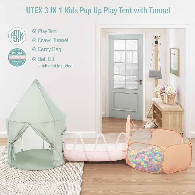UTEX Kids Play Tent with Tunnel, 3 in 1 Pop Up Play Tent with Ball Pit, Play Crawl Tunnel for Toddler, Boys, Girls, Indoor& Outdoor Play House