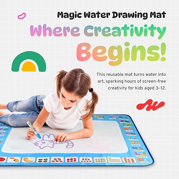 Water Doodle Mat | Mess Free Painting for Toddlers | Doodle Pad for Kids Ages 3-12 | Toddler Drawing Pad with Fillable Pens & Booklet | Fun and Interactive Water Mat for Girls & Boys | Sagemax