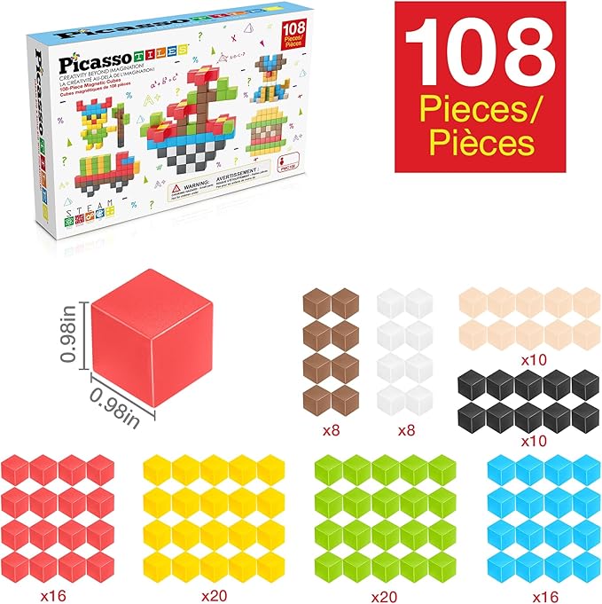 PicassoTiles 108pcs 1” Magnetic Puzzle Cubes Magnet Toys Preschool Construction Building Block Set Sensory Toy Early Education STEM Learning Come with Ideabook for Children Age 3+ Boy Girl PMC108
