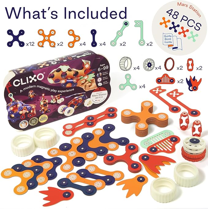 Clixo Mars Station Pack - 48 Magnetic Pieces in14 Shapes. Flexible STEM Building Glow-in-The-Dark Set with All-Terrain Wheels & Galactic Adventure. Build Rovers, Spaceships & Labs. Ages 6+