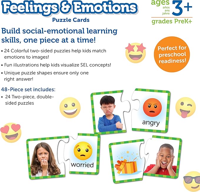 Learning Resources Feelings & Emotions Puzzle Cards, 48 Pieces, Ages 3+, Social Skills, speech therapy materials, Social Emotional Learning Toys and Games for Kids