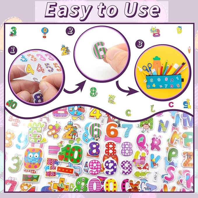 36 Sheets 3D Letter & Number Stickers - 900+ Reusable ABC, 123 Learning Stickers | Non-Toxic PVC Foam | Teacher Supplies, Crafts, Kids Activities