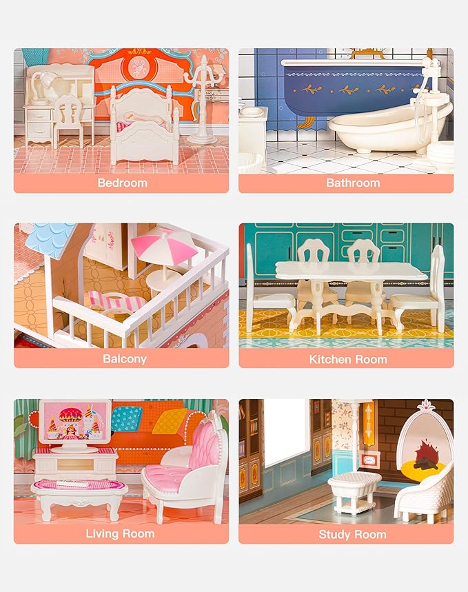 ROBOTIME Doll House Wooden Dollhouse for Kids 3 4 5 6 Years Old, Doll House w/28PCS Furniture Plastic, for 3.3”Dolls, Birthday Presents for Toddler 3+