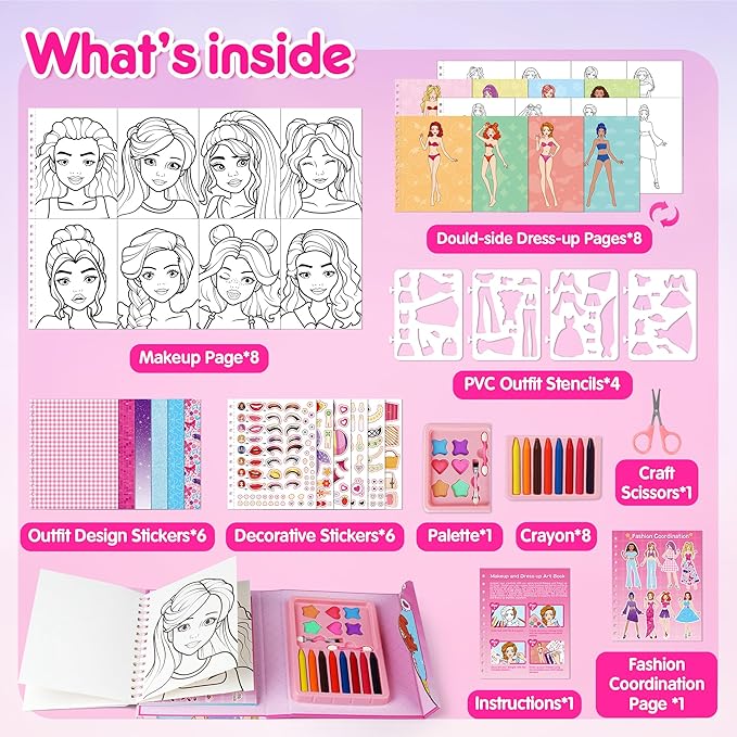 Mocoosy Makeup Craft Kit for Girls Ages 6-8, Pretend Makeup Coloring Activity Book with Stickers, Mess-Free Dress-Up Art and Crafts, Travel Game Road Trip Toy Birthday Gift for 4 7 9 10 12 Years Old