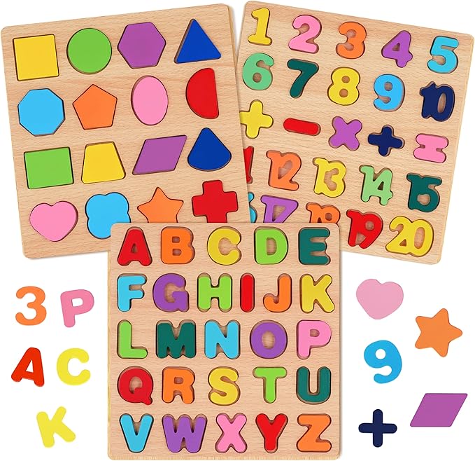 Attmu Wooden Puzzles for Toddlers 1 2 3 4 5 Year Old, Alphabet Number Puzzle Shape ABC Puzzle, 3 in 1 Preschool Educational Learning Toys with Puzzle Board for Girls Boys Set of 3