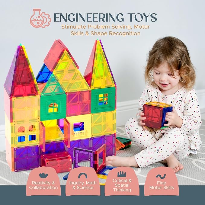 Playmags Magnetic Tiles for Kids – 100pcs Magnet Building Set for Toddlers Ages 1-5 | Stem Montessori Toy for 2 3 4 Year Old Boys & Girls | Toys for Toddlers, Preschool & Middle School Children
