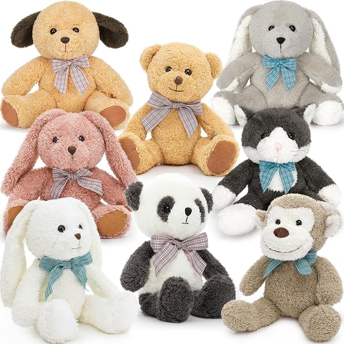 MaoGoLan 13 inch Stuffed Animals Bulk, 8 Pack Assorted Animals Plush Toy Set with Teddy Bear, Dog, Cat, Panda, Monkey & Bunnies for Kids, Baby Shower Decorations Party Favors