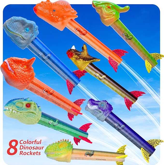 Dinosaur Rocket Launcher for Kids - Launch Up to 100 Ft, 8 Rockets and 2 Pads for Multi-Player, Dinosaur Toys, Birthday Gift Ideas, for 3 4 5 6 7 Year Old Boys, Outdoor Outside