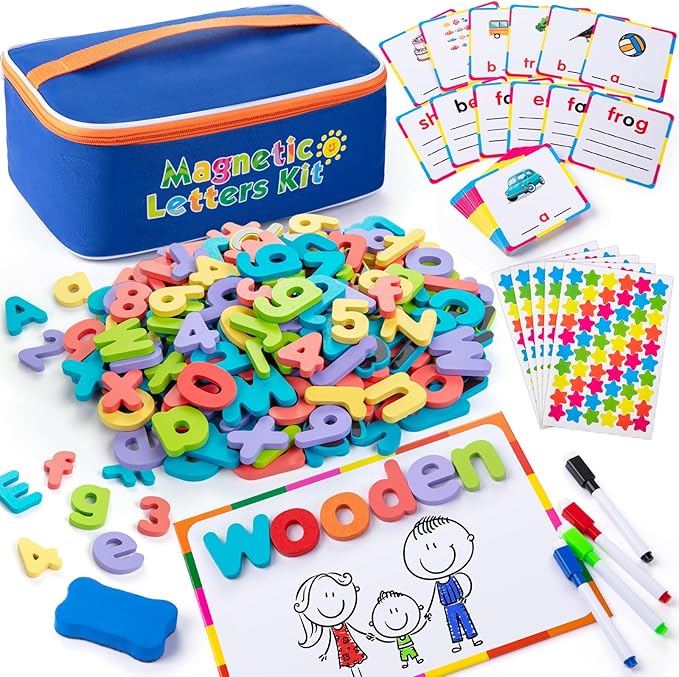 Sundaymot Magnetic Alphabet Letters Kit，310 Pcs with Magnetic Board and Organizer Bag, Upper and Lower Case Wooden Letters， Educational Toy Set for Classroom Kids Learning Spelling