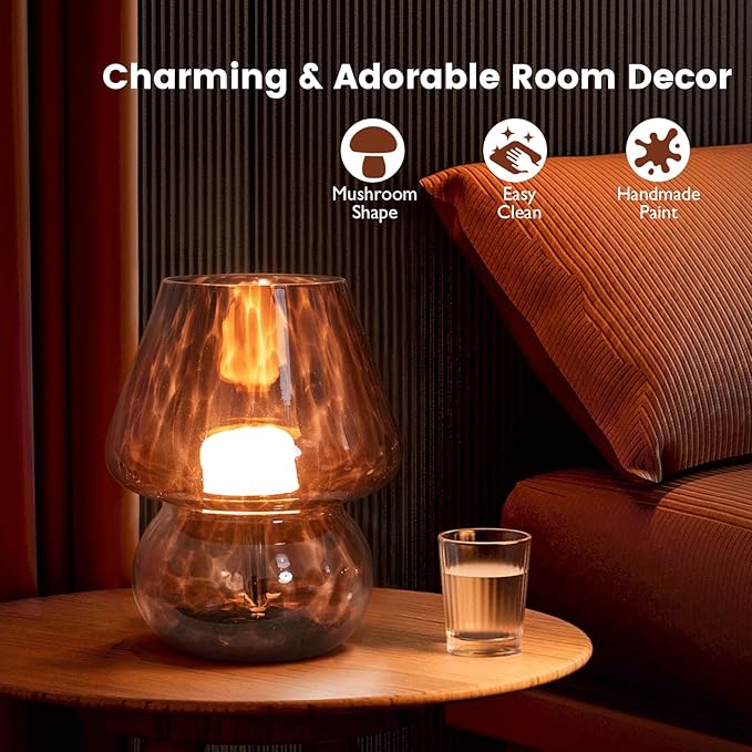 USB Plug-in Vintage Mushroom Lamp Small Bedside Table Lamp with 3 Temperature LED Bulb,Free Dimming Nights Light for Bedroom/Living Room/Entryway/Corner Decor New Home Gift (Golden Amber)
