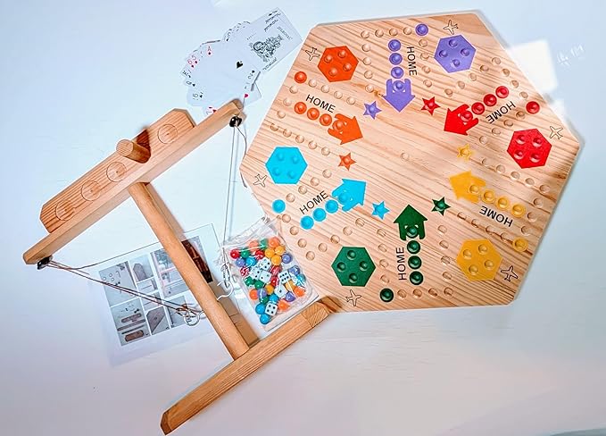 Wooden Wahoo Marble Board Game (20 INCH), Double-Sided, for 2-6 Players, with 24 Marbles and 6 dice. Also Includes Ring Toss, Wooden Hook and Ring Gameand Premium Playing Cards.