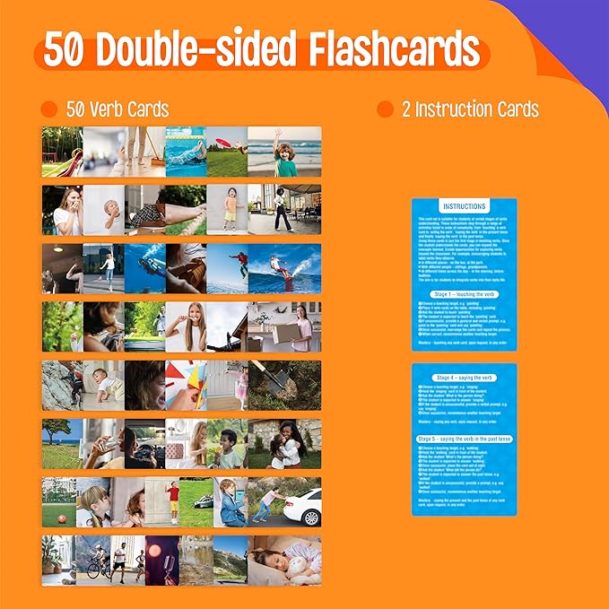 50 Verb Flashcards, Picture & Word Cards Action Language Builder Visual Aid Language Learning Tool for Autism, ESL Teaching Materials for Adults, Non-Verbal Children Vocabulary Builder for Kids