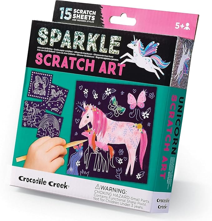 Crocodile Creek Unicorn Sparkle Scratch Art for Kids - 16-Sheet Scratch Art Set with 10 Themed Sheets, 5 Blank Sheets, Stencil, and Stylus - Thoughtful Stocking Stuffers, Gifts, Art Supplies for Kids