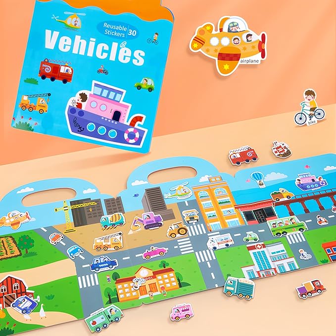 Magnetic Reusable Sticker Book for Kids Ages 3-6, Vehicles Truck with City Playboard Refrigerator Magnet Educational Learning Toys Travel Magnet Stickers Activity Books for Toddler Girls Boys Age 3+