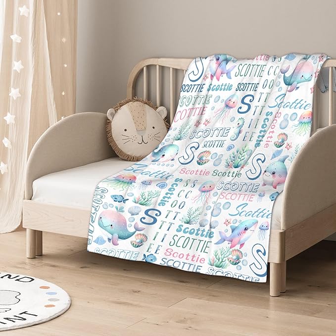Personalized Baby Blanket for Girls Boys Kids Oceans Shark Custom Baby Blanket with Name Throw Birthday Gift for Toddlers Infants Shower Newborns Nursery Stroller Crib Bed Decor