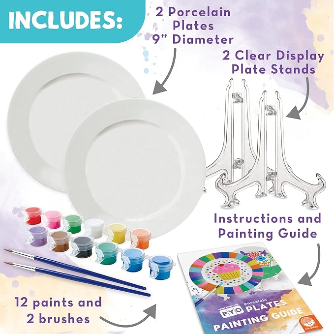 MindWare Paint Your Own Porcelain Plates - Kit Includes 2 Porcelain Plates, 12 Paints, 2 Paint Brushes, and 2 Stands
