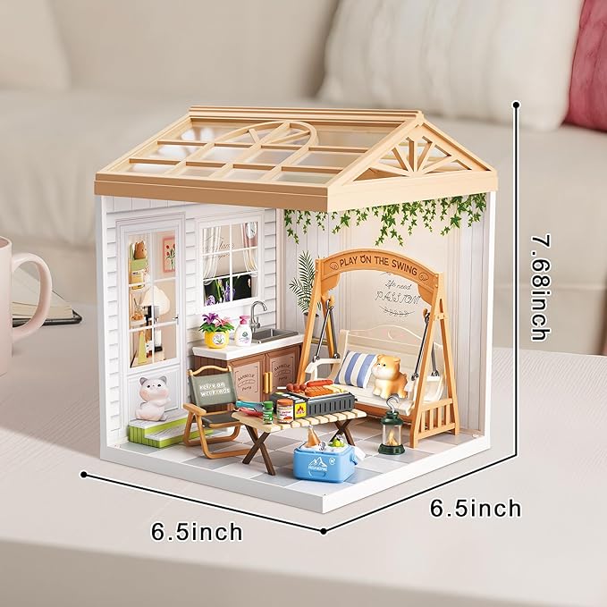 DIY Miniature House Kit Plastic House Building Toy Set with Roof & 2 Doors, Mini Dollhouse Kit with LED for Mini Figures Construction Toys Diorama Kit Gifts for Teens Adults (Happy Garden)