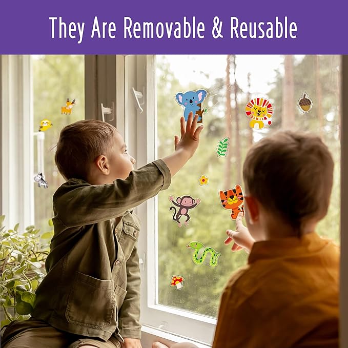 34PCS Wild Animal Jelly Stickers, Thick Window Door Clings Removable Reusable Gel Clings Decals for Kids Toddlers Adults Home Classroom Nursery Animal Theme Party Supplies Decorations (Not Edible)