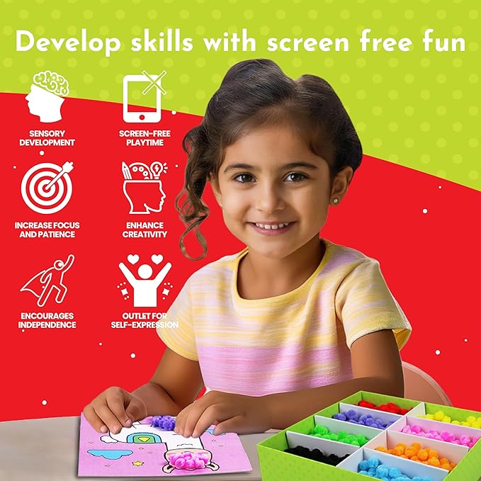Kalakaram Pom Pom Picasso DIY Art & Craft Kit – Mess-Free Creative Activity for Kids, Pom Pom Craft & Activities, Gifts for Girls & Boys Ages 4, 5, 6, 7, 8, 9, Fun DIY Craft Kits for Children