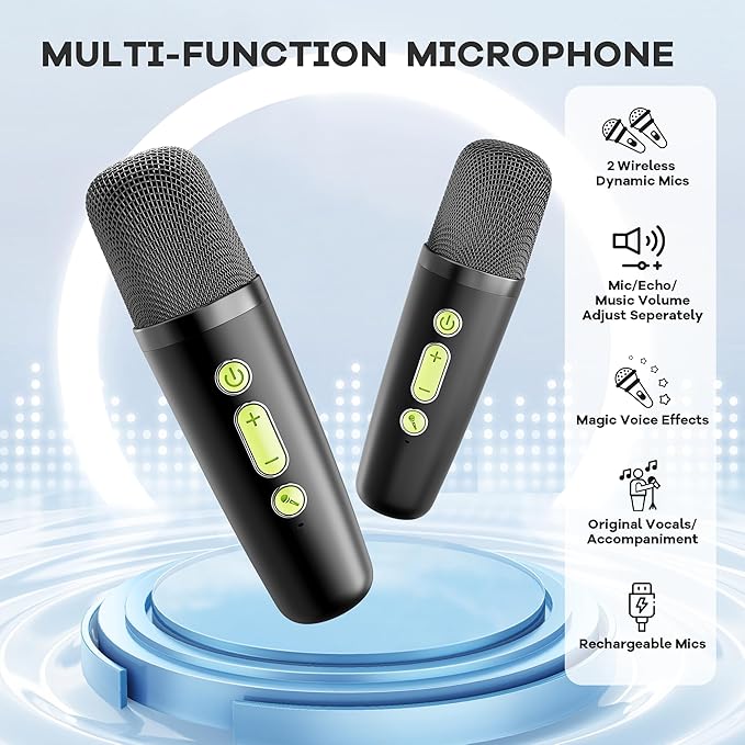 Mini Karaoke Machine with 2 Wireless Microphones, TOP Kids Gifts for Girls Ages 3, 4, 5, 6, 7, 8, 9,10,11,12 +Year Old, 4-12 Years Old Birthday Toy Gift for Girls Boys Party (Black Green)