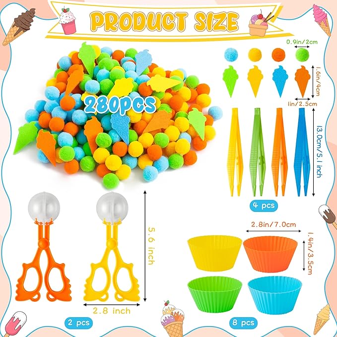 EZdhuawuse Summer Ice Cream Sensory Bin Fillers - 295 Fine Motor, Color Recognition, Sorting, Counting Toys for Kids, Ice Cream Cone Felt Pom Poms Cup Clip Gifts for Preschool Kindergarten Activities