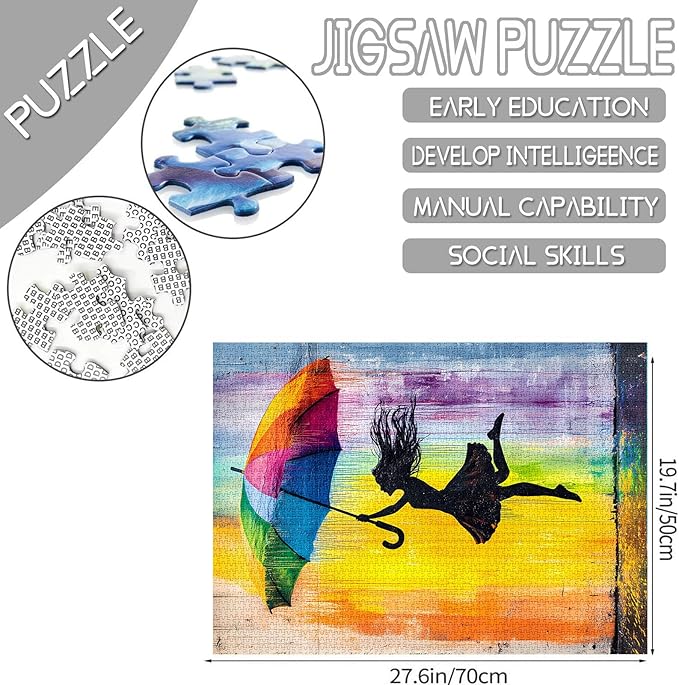 Tucocoo 1000 Pieces Jigsaw Puzzles for Adults Joyfully Girl Street Art Jigsaw Puzzle Rainbow Umbrella Art Puzzles for Challenging Family Activity Game Colorful DIY Crafts Puzzle Wall Decor Gifts