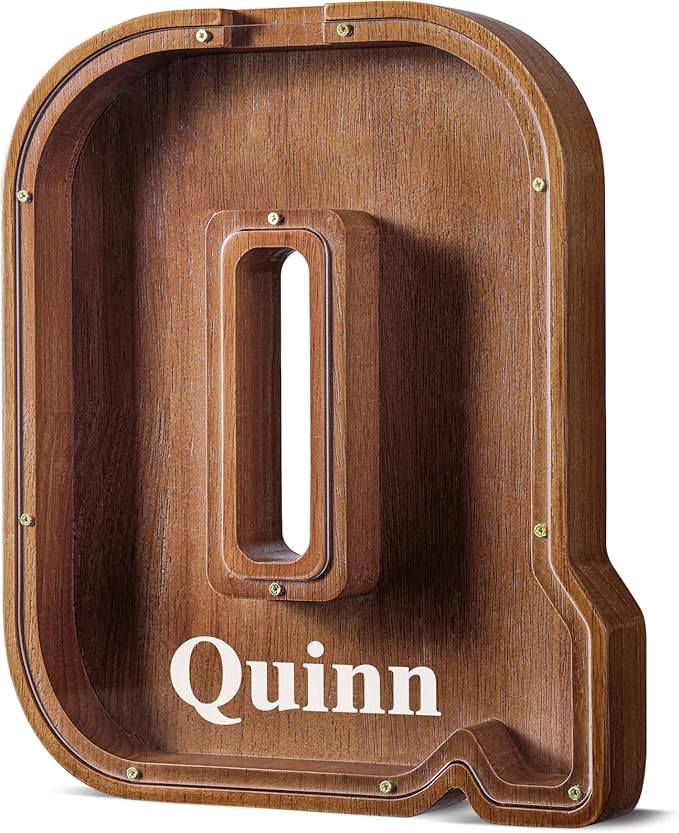 Summidate Customized Name Extra Large Wooden Piggy Bank for Kids Boys Girls Alphabets Letter A-Z Coins Bills Money Change Saving Box Clear Cover (Laser Engraved) Educational Toys 12"- Letter Q