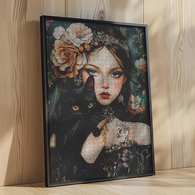 Beautiful Woman 1000 Piece Jigsaw Puzzle for Adults Black Cat Puzzles Art Gifts Classic Elegant Figure Challenging Puzzle Perfect for Game Pary Events