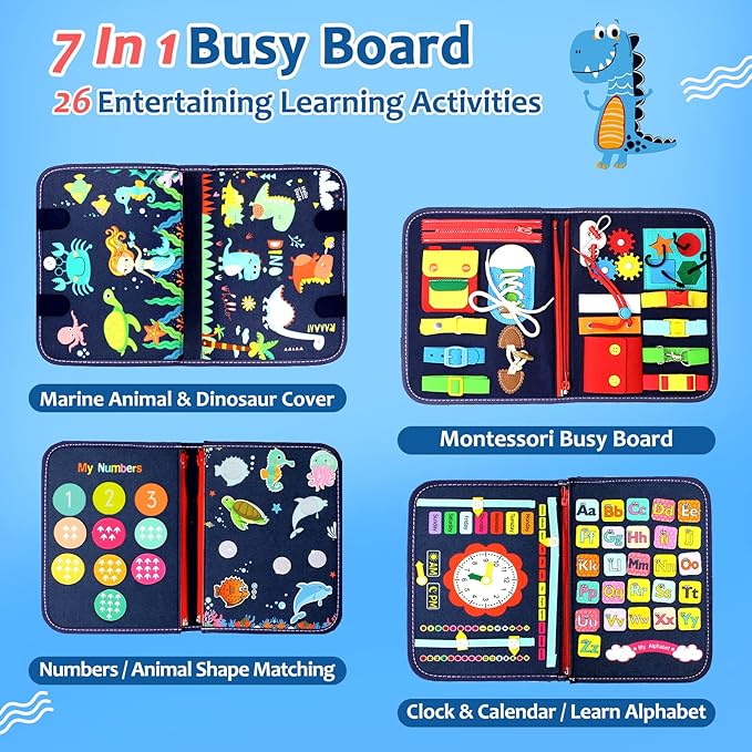 Qizfun Busy Board Montessori Toy for Toddlers, Educational Sensory Learning Toy for Fine Motor Skills, Preschool Travel Toy for Airplane & Car, Gifts for Boys and Girls (Blue/P4)