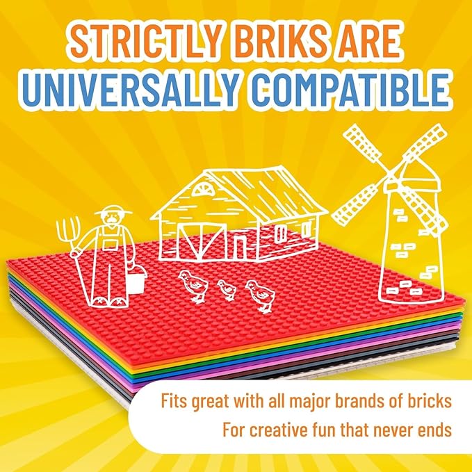 Strictly Briks Classic Stackable Baseplates - Rainbow Plates for Toy Building Sets - Durable Brick Baseplates Compatible with Lego - Toy Mat & Building Board - 10 x 10 in, Pack of 12, Rainbow