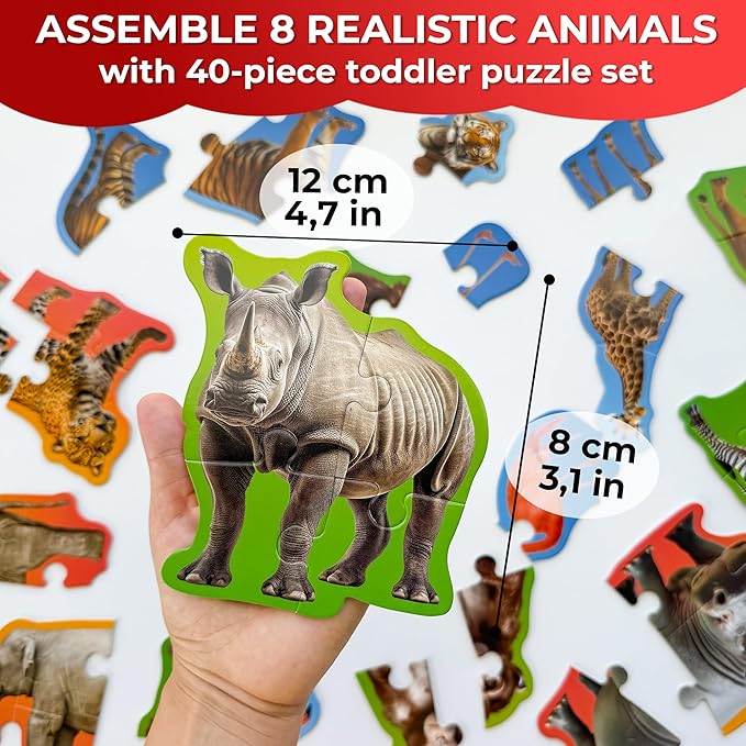QUOKKA Toddler Puzzles Ages 2-4 - Large Floor Puzzles for Kids 3-5 - 8 Realistic Animal Shapes | Extra Thick Cardboard | Preschool Learning Game - 40 Big Piece Gift for Toddlers 1-3 Years Old