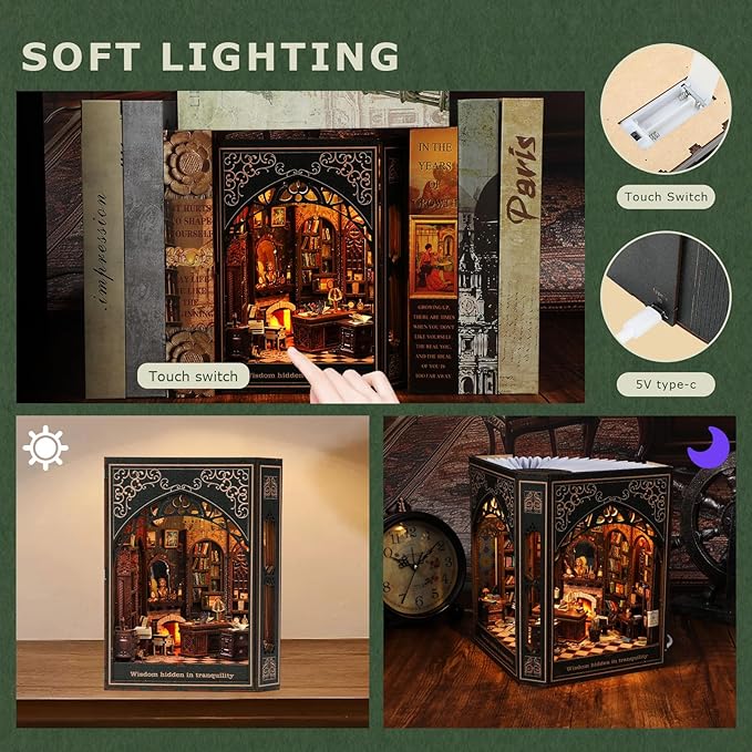 Book Nook Kit with Nightlight – Type-C and Battery Powered DIY Bookshelf Decor, Perfect for Home and Office Gift（Classical Library）