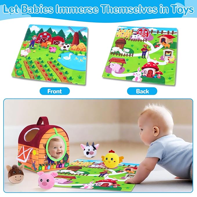 Baby Toys 6-12 Months, Little People Farm with Crinkle, Rattle & Squeaker – Little People Barn with Stuffed Farm Animals for Newborn Infants, Montessori Learning Toys for Babies