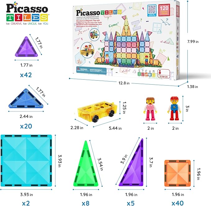 PicassoTiles 120pcs Mini Size Magnetic Tiles Magnet Toys Diamond Series Sensory Construction Building Blocks Set STEM Learning Travel Size Educational Toy for Kids Boys Girls Toddlers Age 3+ PTM120
