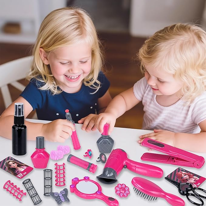 Beauty Hair Salon Playset, 22 Piece Hair Stylist Toy Kit with with Makeup Accessories & Hair Dryer, Pretend Play Set, Christmas & Birthday Gift for Girls