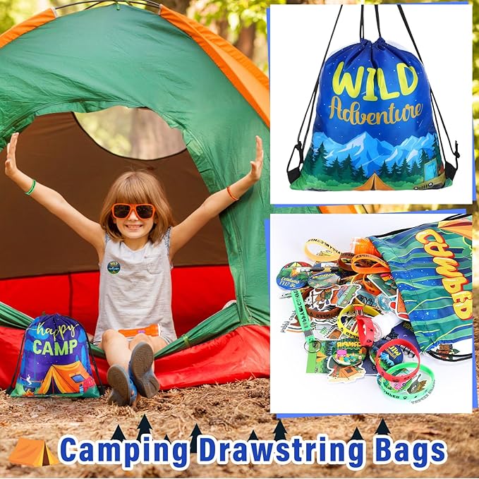 Zhanmai 140 Pcs Fall Camping Party Favors Gifts Silicone Bracelets Stickers Camping Keychain Badge Camouflage Pencils Spiral Camp Adventure Theme Notepads Happy Drawstring Bags Mini Flashlight for Kid