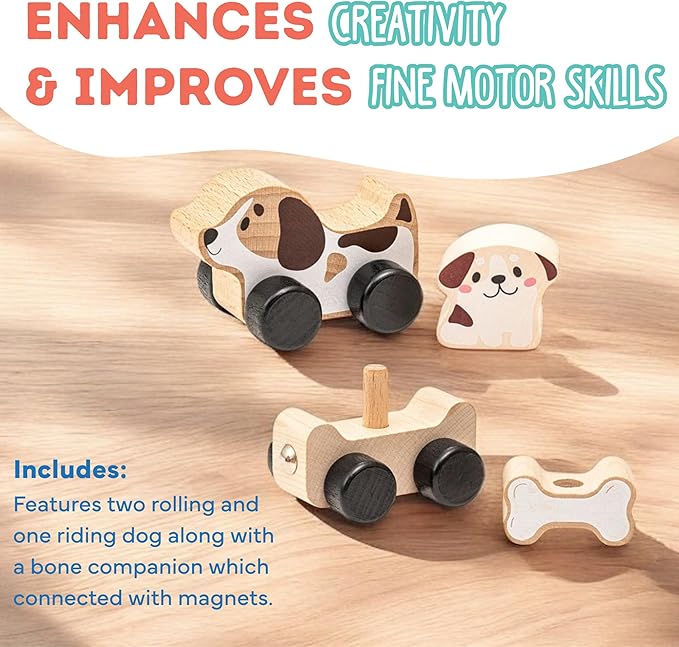 Cubika Wooden Clever Puppies Train Toy – Magnetic Dog-Themed Wood Toy Playset for Toddlers 18 Months+ – Montessori Toy for Fine Motor Skills and Imaginative Play