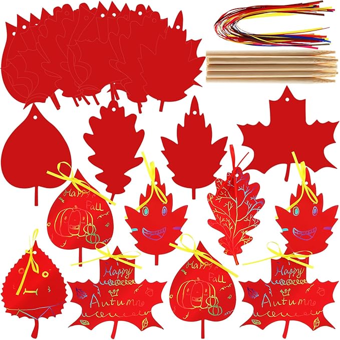 BBTO 50 Pieces Scratch Fall Leaves Colorful Scratch Leaves Paper with Ribbons and Wooden Stylus for Thanksgiving Harvest Party(Red)