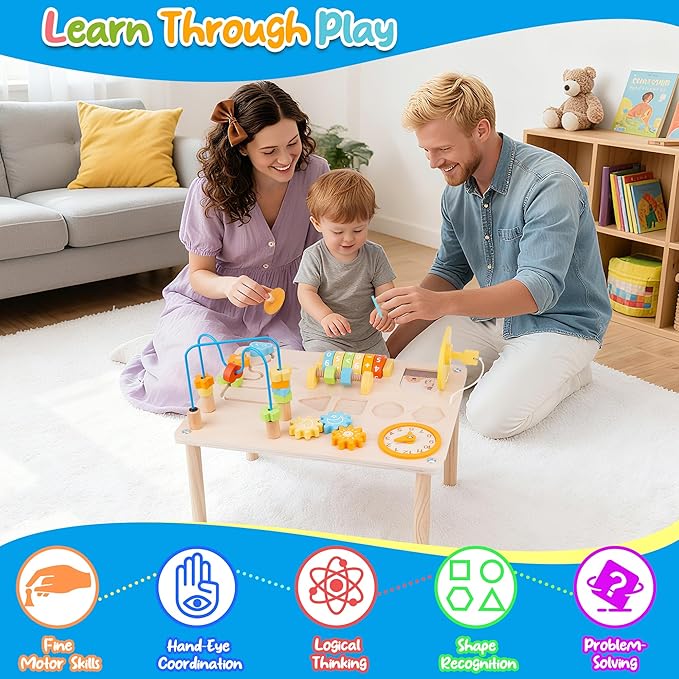 ATOYUS Activity Table for 1 2 Year Old, 8 in 1 Wooden Montessori Activity Center Toys for Toddlers 1-3, Kids Sensory Game Play Table, 1st Christmas Birthday Boys Girls Gifts for 12 Months+ Baby